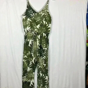 Topshop Women’s Jumpsuit Green & White 10 Palm  Leaf Tapered Leg Lined Casual